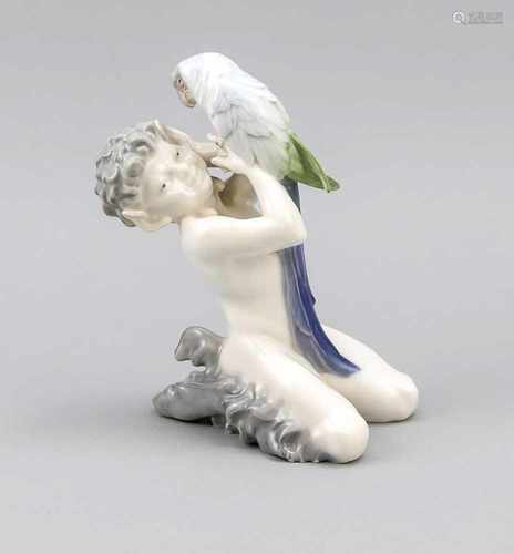 Danish Royal Copenhagen porcelain figure. Faun with parrot. 20th century. Size: H 18 cm. In good