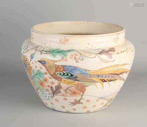 Large antique Gouda pottery pot with floral decor. Circa 1915. Damage. Size: 22 x 30 cm dia. In