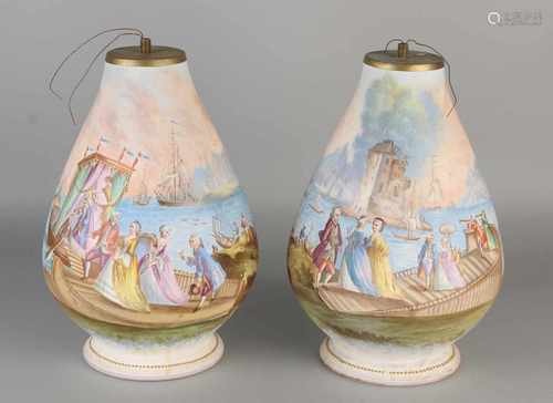 Two hand painted antique French bisquit porcelain lamp bases. Circa 1900. port / figures decor.