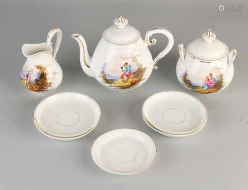 Antique tea set with hand-painted figures show in landscape. Consisting of: teapot, milk / sugar