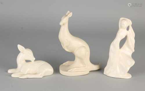 Three cream colored Hollandse ceramics plateel figures. Circa 1930. Comprising: Dancing lady,