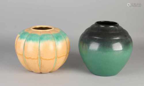 Two Dutch ceramic vases in Art Deco style. KV246 which one noticed. Circa 1930 - 1950. With green