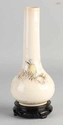 19th Century Japanese ceramic pipe vase with decor of driving on figures on geese. Meiji. Signed.