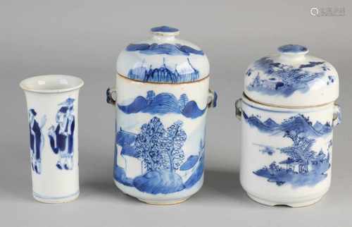 Three parts antique Chinese porcelain. Two 19th-century cover pots with landscapes decor, a single