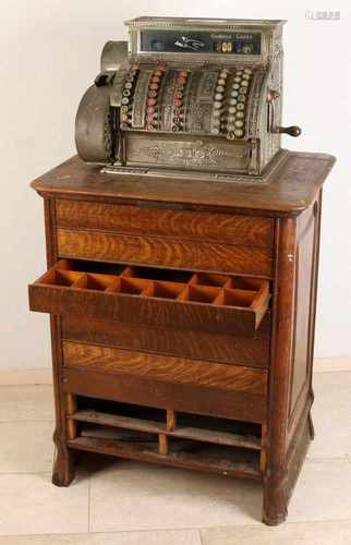 Antique American National checkout with original oak cabinet. Circa 1900. National Cash Register Co.