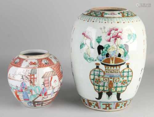 Two 19th century Chinese porcelain vases. One tall vase with text and flowerpots decor. One