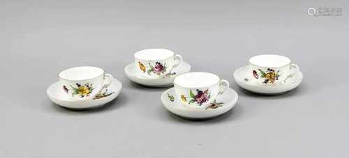 Four times antique German Nymphenburg porcelain. Handpainted cup + saucers. Floral decor. Two cups