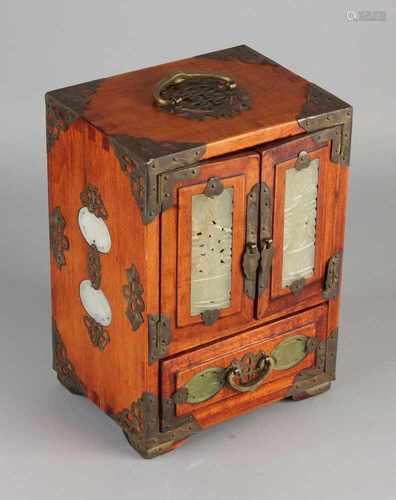 Chinese wooden jewelry box with brass fittings and mineral stone medallions. 20th century. Size: