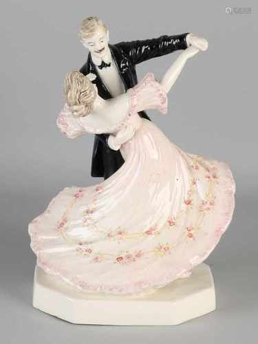 Large antique German porcelain figure. Dancing couple. Approximately 1920. Marked with H and