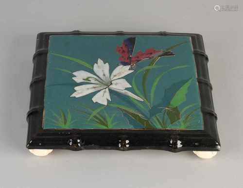 Large antique Art Nouveau Majolica coaster, Floral / butterfly decor. Circa 1915. Size: 3.5 x 24 x