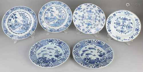 Six antique Chinese porcelain plates. Three sets of two. 18th century. Comprising: Twice floral, one