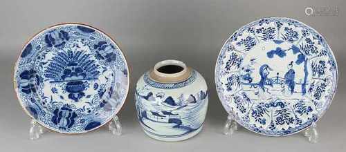 Three times antique porcelain / ceramics. Consisting of 19th century Chinese ginger jar. Delft