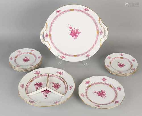 Lot Herend porcelain. Rose / Gold / floral decor. Twelve pieces. Comprising: Seven cake plates,