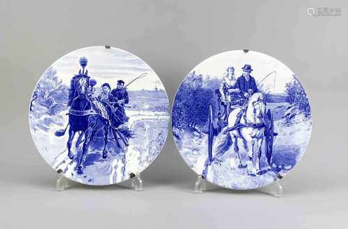 Two large antique wall plates Fayence. Numbered. Circa 1900. Boch or Delft. Friese show Otto