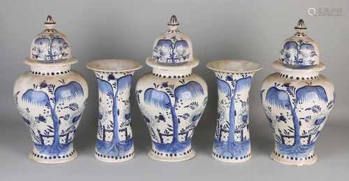 Five-piece antique Delft Fayence garniture with chinoiserie decoration. Signature A.P.K. 18th - 19th