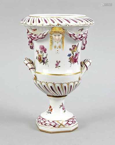 Antique German porcelain vase Hoechst crater. Hand painted with floral / caryatids / gold decor.