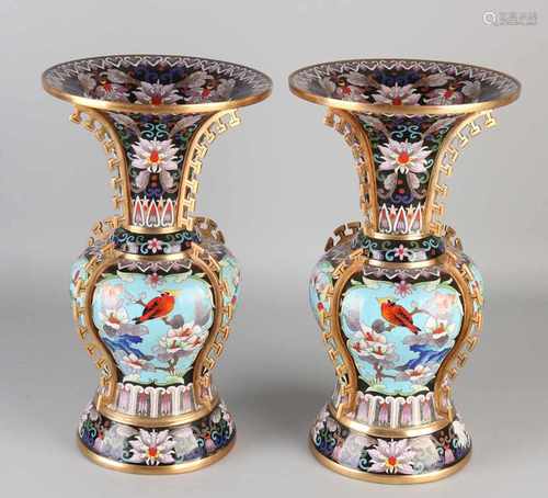 Two major Japanese cloisonne vases with floral / bird decor. With bronze mounts. 20th century. Size: