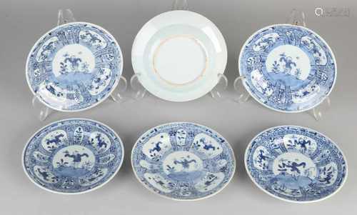 Six 18th century Chinese porcelain plates with zotjes decor. One sign hairline. Size: ø 16.5 cm.