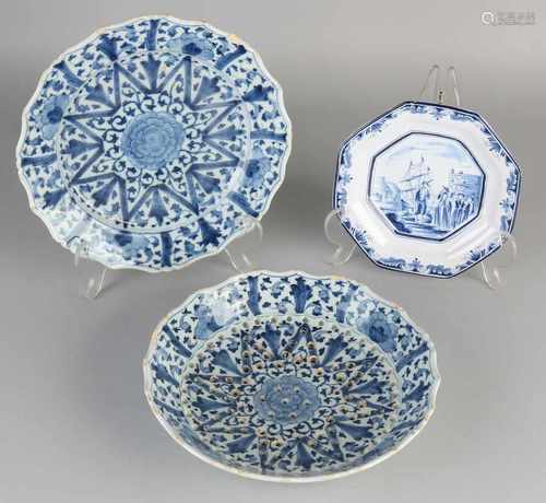 Three parts antique Delft blue and white Fayence. Comprising: 18th Century natfruit drip tray,