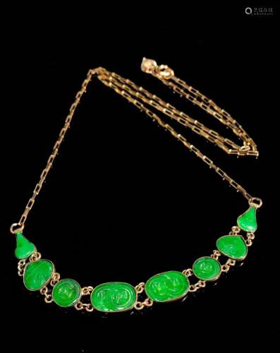 A Chinese 14k Gold Jadeite Necklace