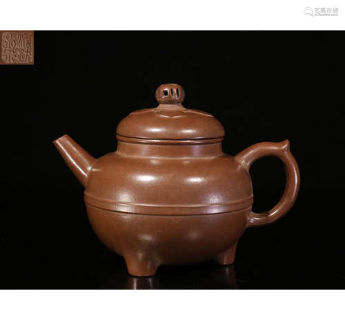 A Chinese Three-legged Purple Sands Teapot