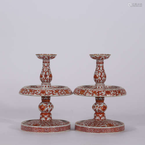 A Pair of Chinese Alum Red Porcelain Candlestick