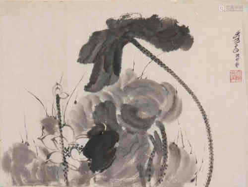 A Chinese Lotus Painting, Zhang Daqian Mark
