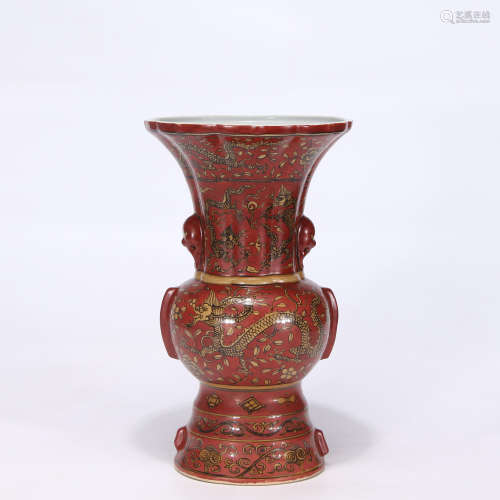 A Chinese Alum Red Dragon Pattern Porcelain Flower Vase