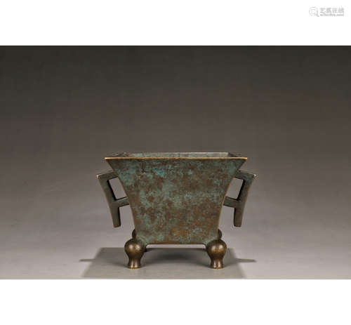 A Chinese Square Bronze Incense Burner 