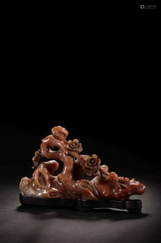 A Chinese Carved Shoushan Stone Ornament with Rosewood Pedestal