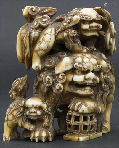 Wächterlöwe mit Welpen, Komainu, Japan, 19. Jh.