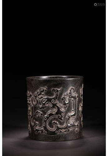 A Chinese Dragon Carved Red Sandalwood Brush Pot