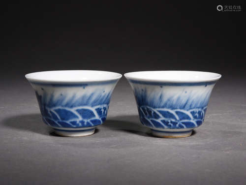 A Pair of Chinese Blue and White Porcelain Cups