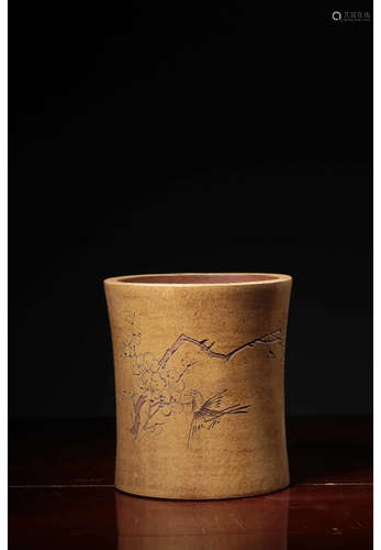 A Chinese Carved Purple Sands Brush Pot