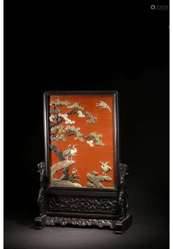 A Chinese Lacquer Shoushan Stone Inlaid Screen