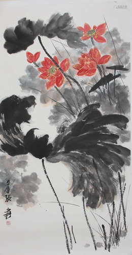 A Chinese Red Lotus Painting, Zhang Daqian Mark