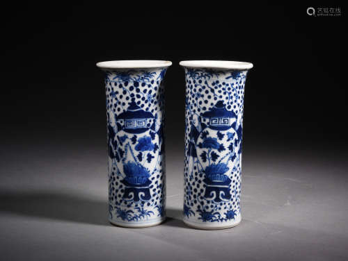 A Pair of Chinese Blue and White Porcelain Flower Vases