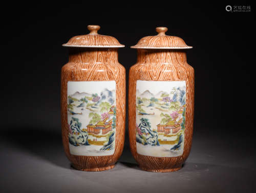 A Pair of Chinese Wood Grain Glaze Porcelain Jars
