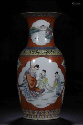 A Chinese Coral red Ground Famille Rose Porcelain Vase