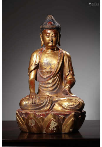A Chinese Wood lacquer Gold Buddha Shakyamuni Statue 