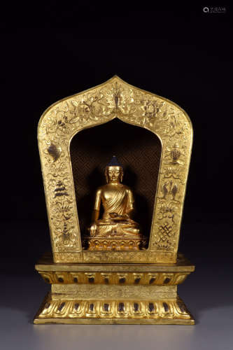 A Set of Chinese Gilded Bronze Shakyamuni Statue and Buddha Niche