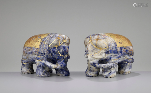 A PAIR OF LAPIS ELEPHANTS, QING DYNASTY