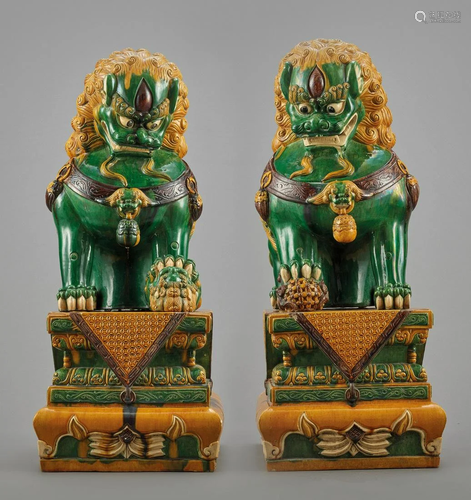 A VERY LARGE SANCAI PAIR OF BUDDHIST LIONS, QI…