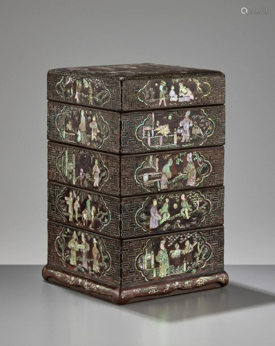 AN INLAID FOUR-TIERED LACQUER BOX, MING DYNAS…