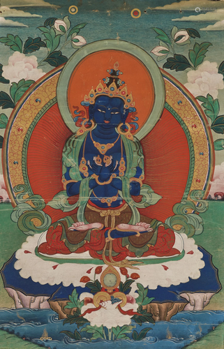 A DARK BLUE VAJRADHARA THANGKA, TIBE…