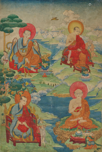 A THANGKA OF FOUR BUDDHIST ELDERS, 18/19TH CT