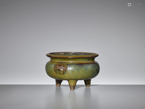 A FLAMBE GLAZED TRIPOD CENSER, 18TH CENT…