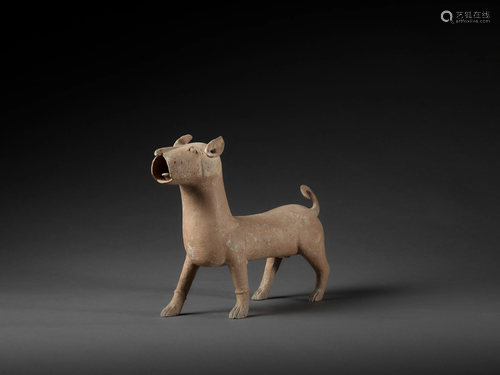 AN UNUSUAL GREY POTTERY DACHSHUND DOG,…