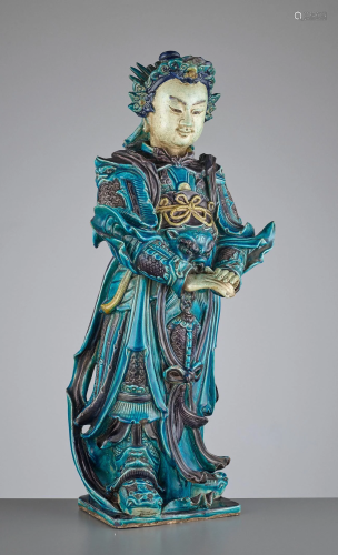A FAHUA CERAMIC FIGURE OF WEITUO, MING D…