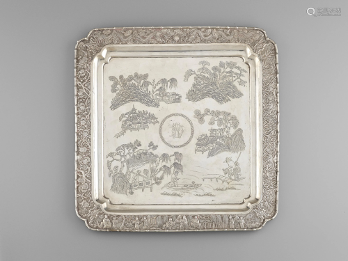 A LARGE EXPORT SILVER TRAY, 19TH CT, 2069 GRAMS